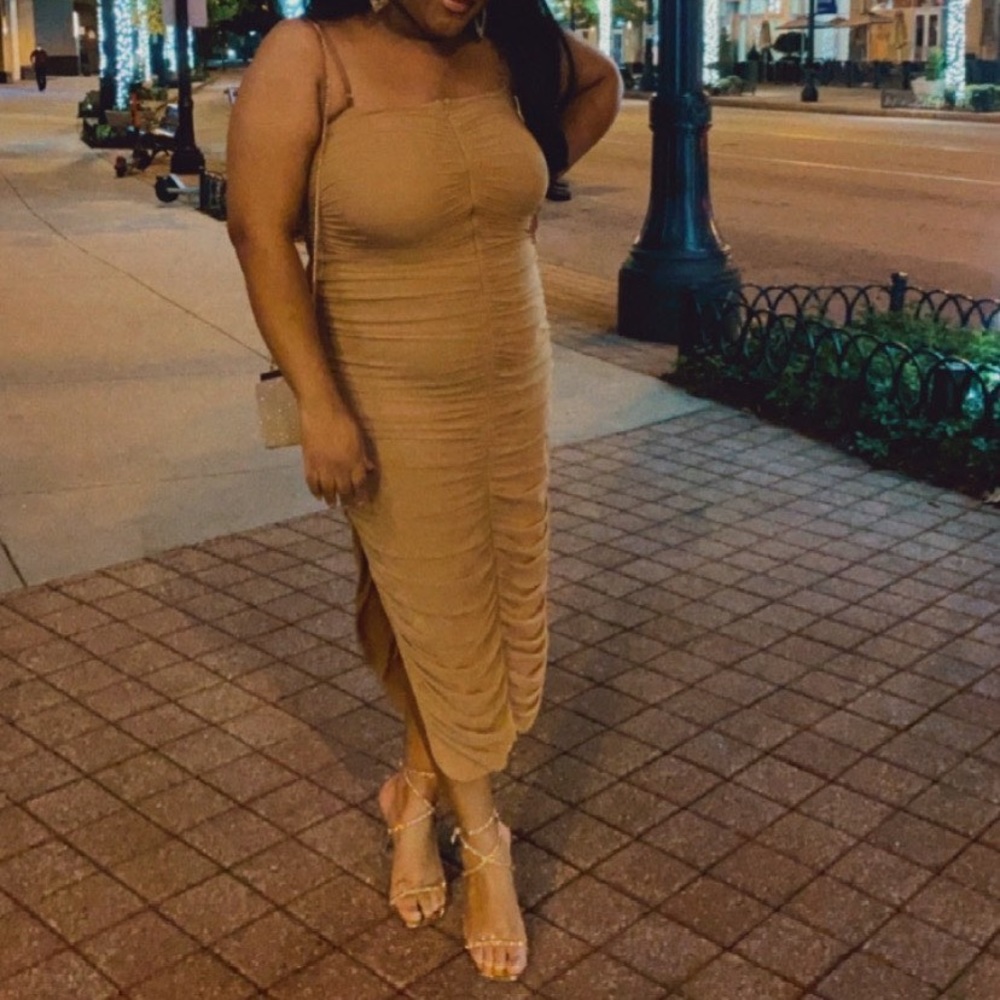 Nude mesh ruched dress